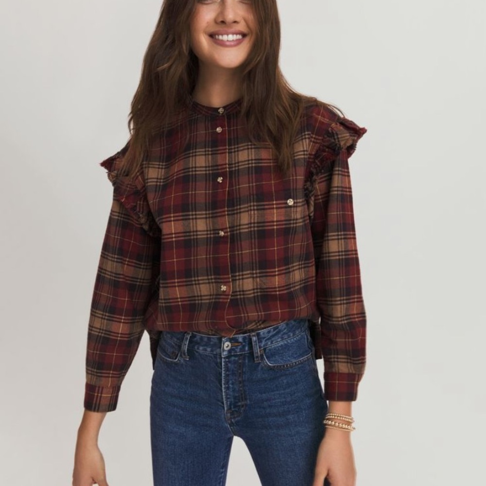 Something Navy Button up ruffle sleeve plaid